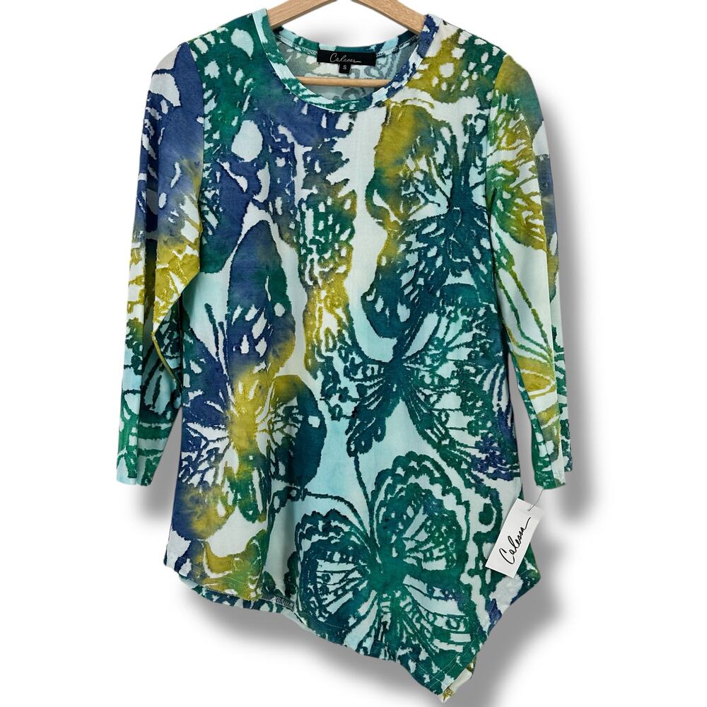 New Calessa Butterfly Burnout Tie Dye Tunic Top Shirt Womens Petite Sz Small